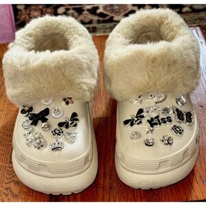 Bling Fur Crocs embellished jibbitz Platform Clog In Ivory W10